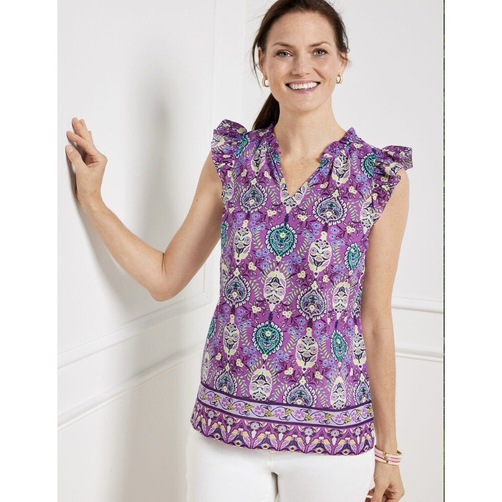TALBOTS Ruffle Trim Shell - Floret Medallion Blouse  Cotton Purpple Size XS